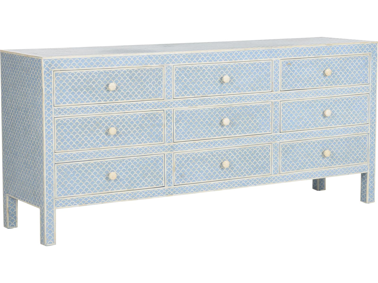 Milford 9-Drawer Bone Inlay Dresser in White and Blue