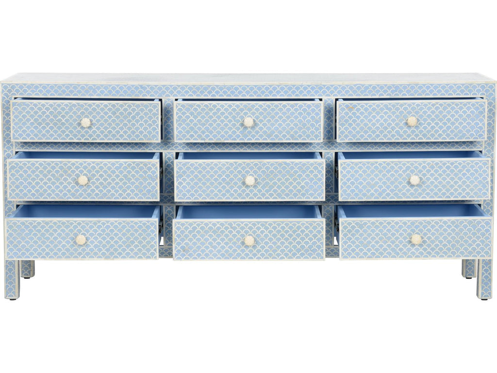 Milford 9-Drawer Bone Inlay Dresser in White and Blue