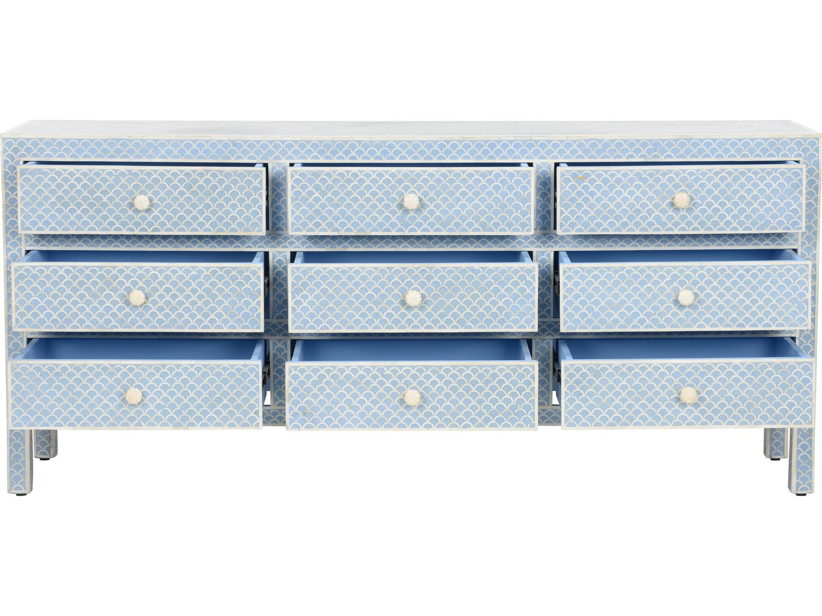Milford 9-Drawer Bone Inlay Dresser in White and Blue