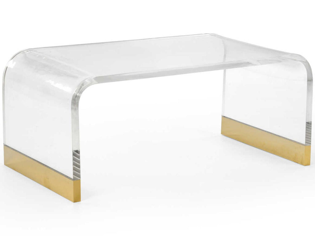 Waterfall Coffee Table with Clear Acrylic and Antique Brass Feet