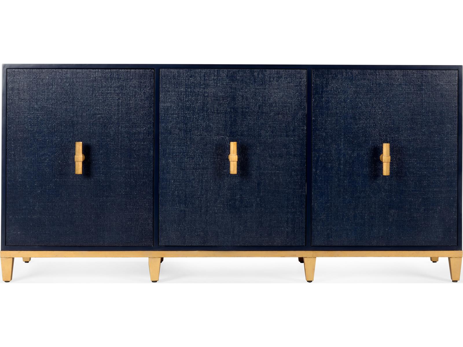 Avery Wood Console Table in Navy with Raffia Doors and Gold Leaf Hardware