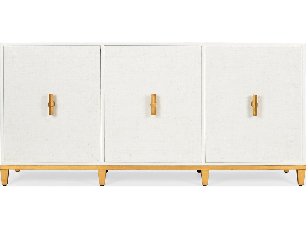 Avery Console Table in White with Raffia Doors and Gold Leaf Hardware