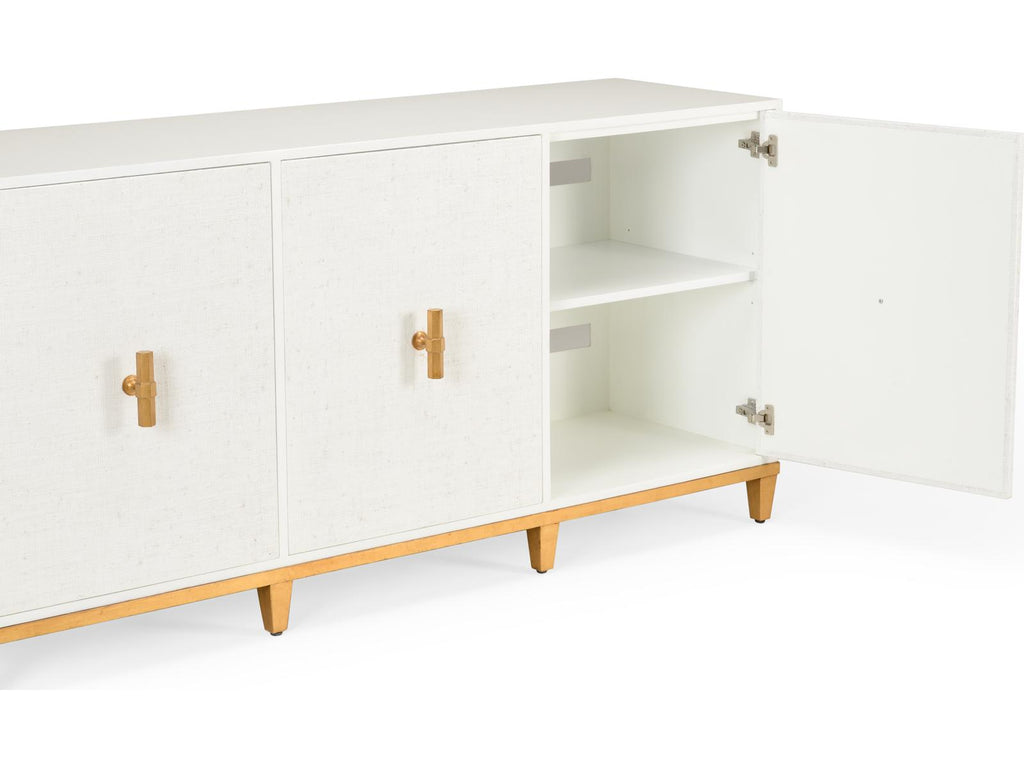 Avery Console Table in White with Raffia Doors and Gold Leaf Hardware