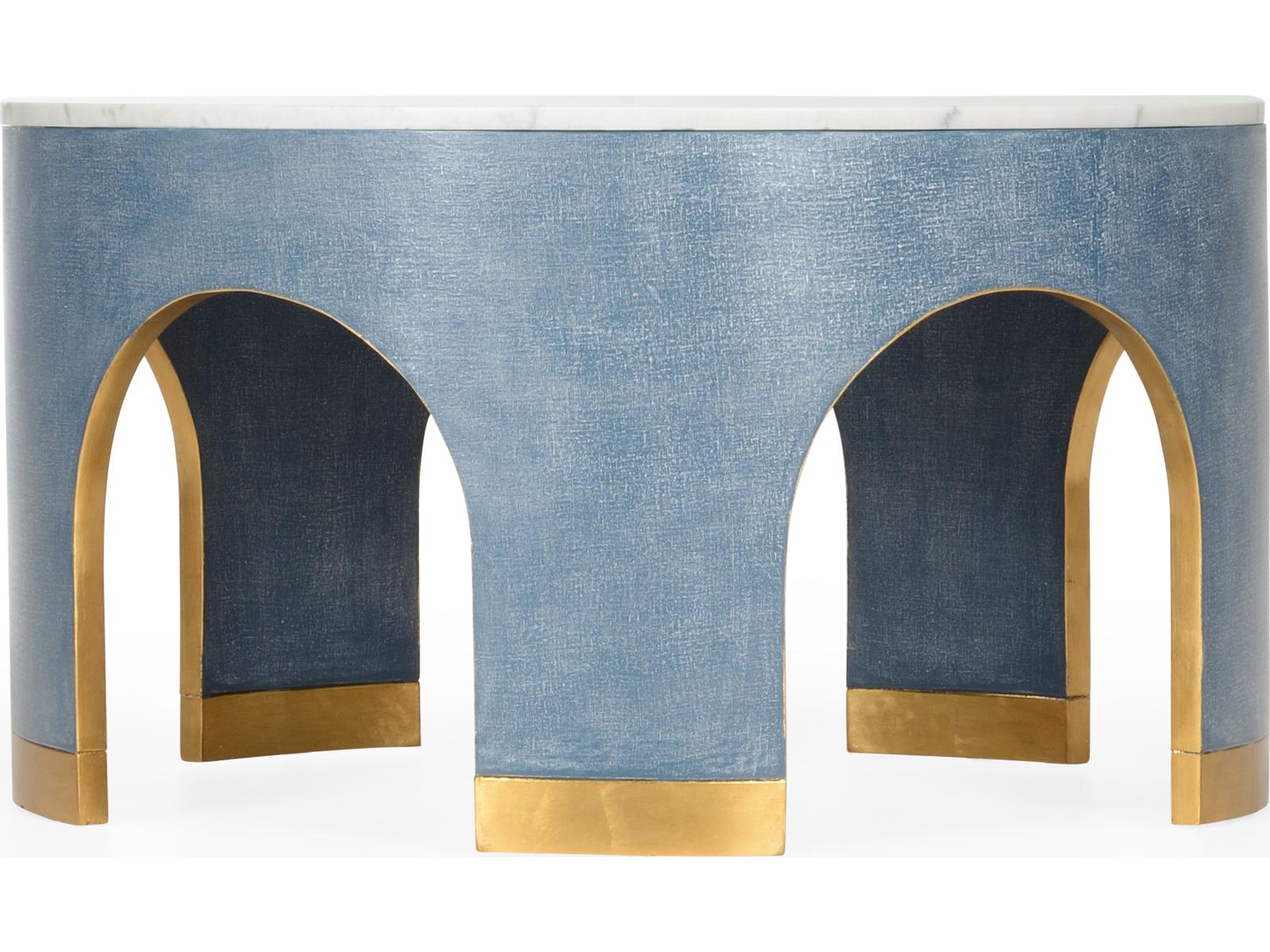 Elizabeth Wicker Aqueduct Round Marble Blue White Cocktail Table -