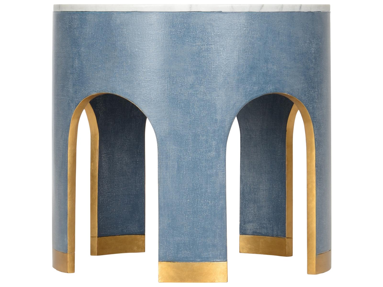 Elizabeth Wicker Aqueduct Round Marble Blue White End Table -