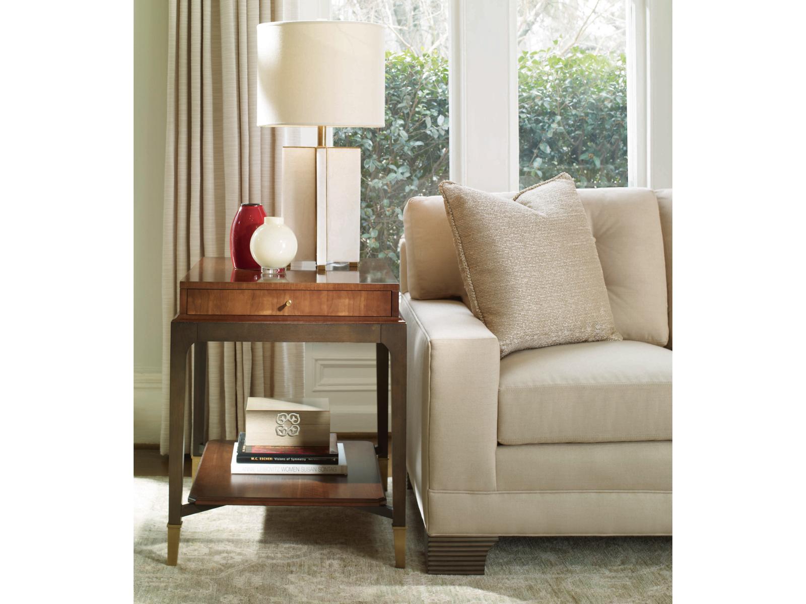 Bridgeton End Table with Drawer in Walnut and Brass