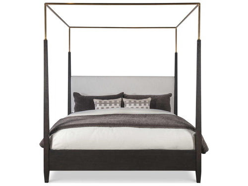 Cadence Mocha Antique Brass Brown Oak Wood King Canopy Bed