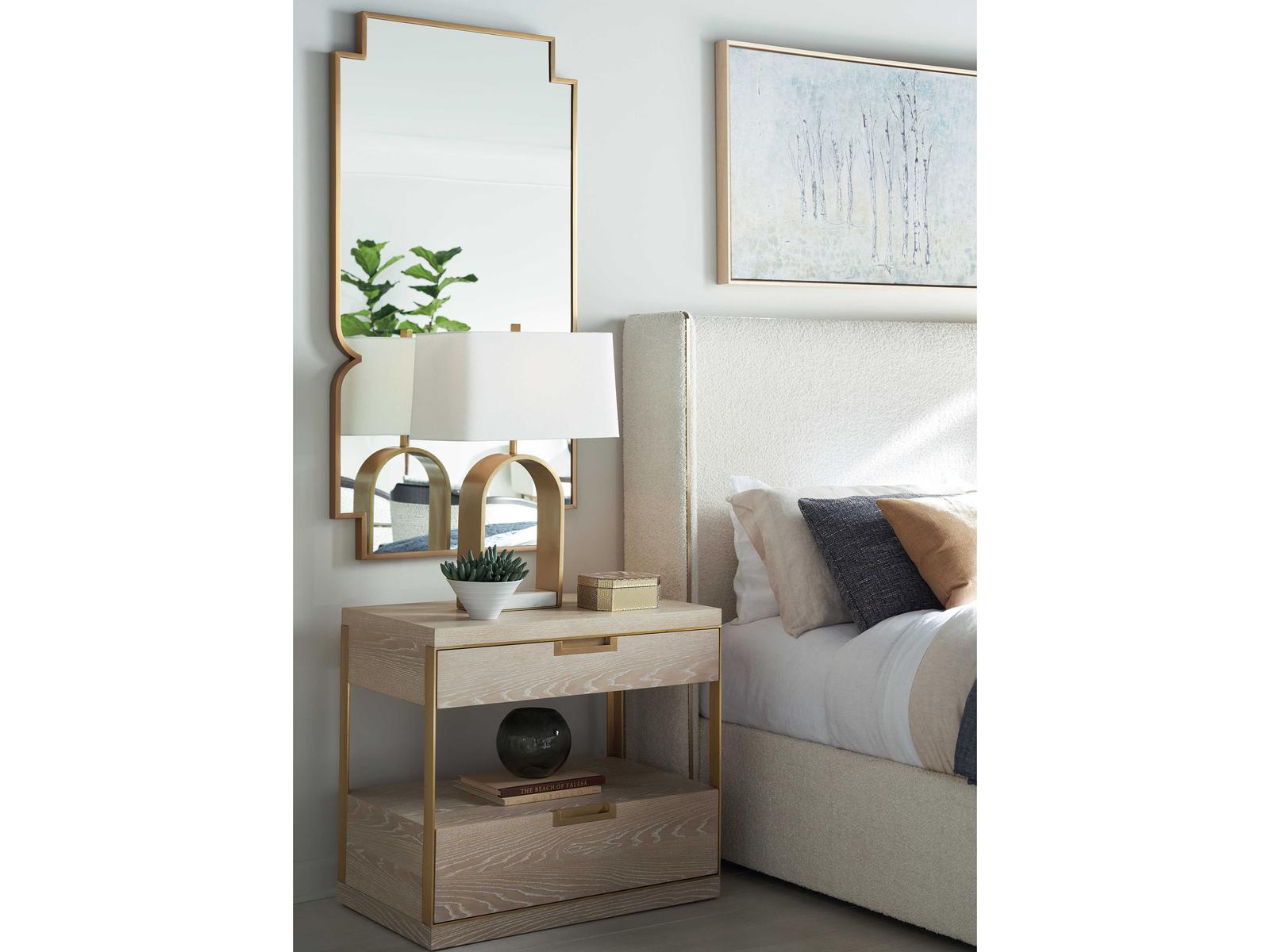 Cadence Upholstered Wing King Bed with Antique Brass Trim