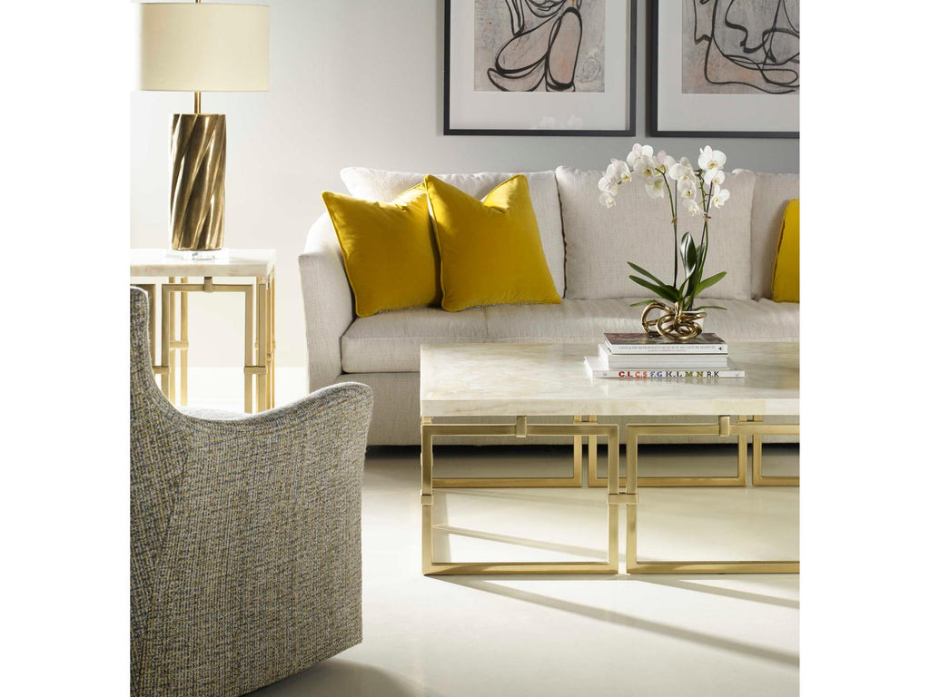 Grand Tour Links Rectangle Coffee Table in Brass and Crystal Stone Quartz