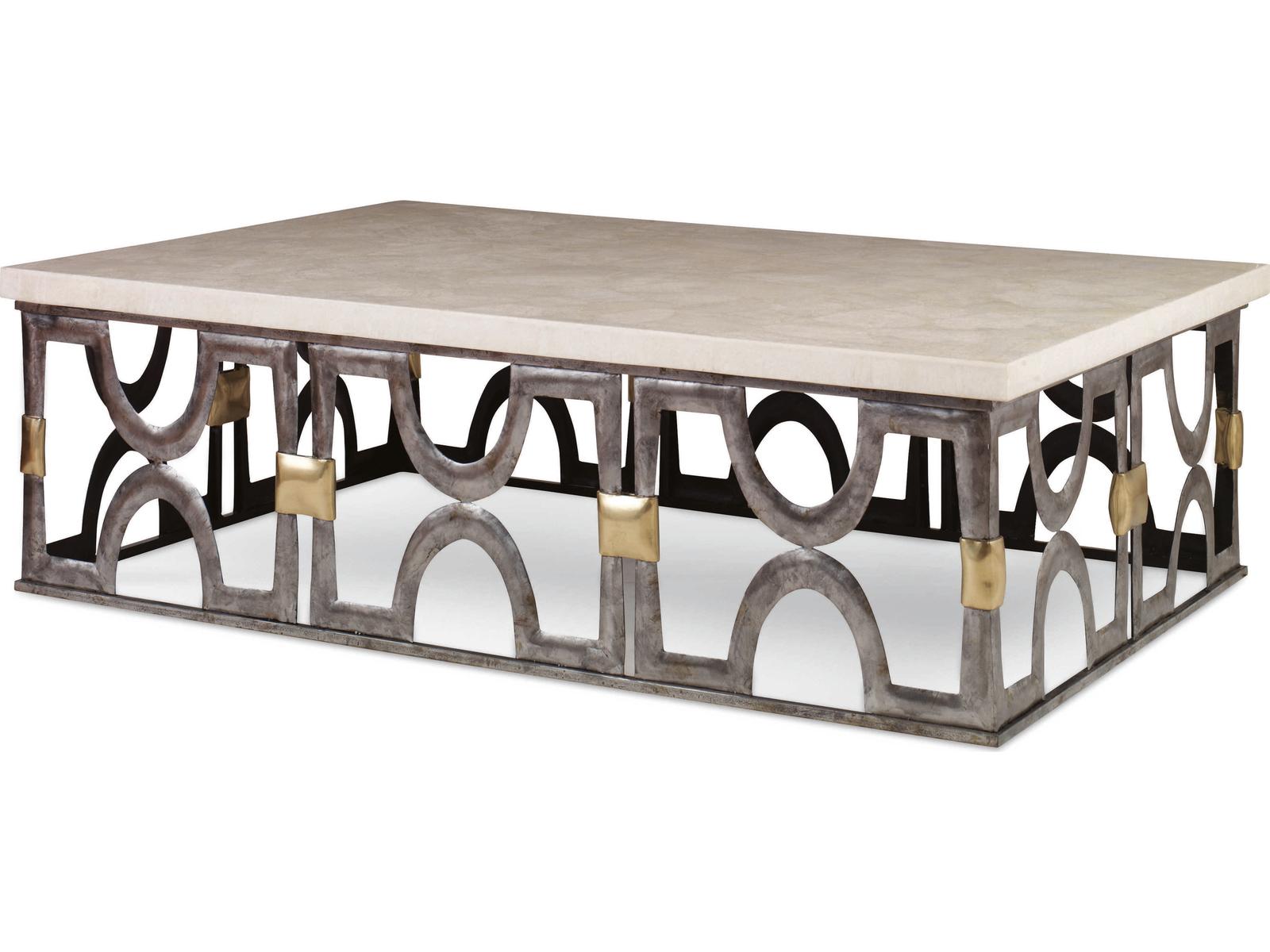 Grand Tour Rectangle Coffee Table in White Onyx Stone and Bronze