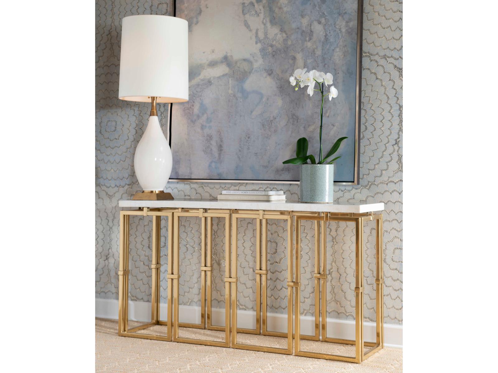 Grand Tour Links Console Table with Crystal Stone and Antique Brass