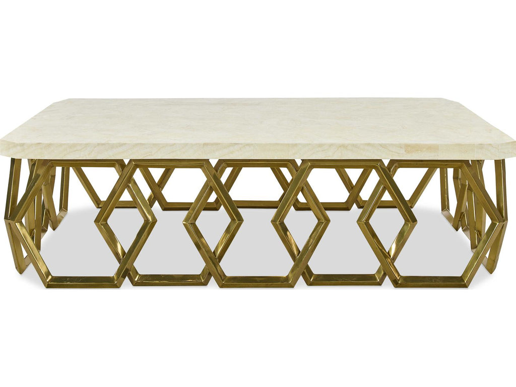 Grand Tour Devon Rectangle Coffee Table with Inlaid Stone Top and Brass Base