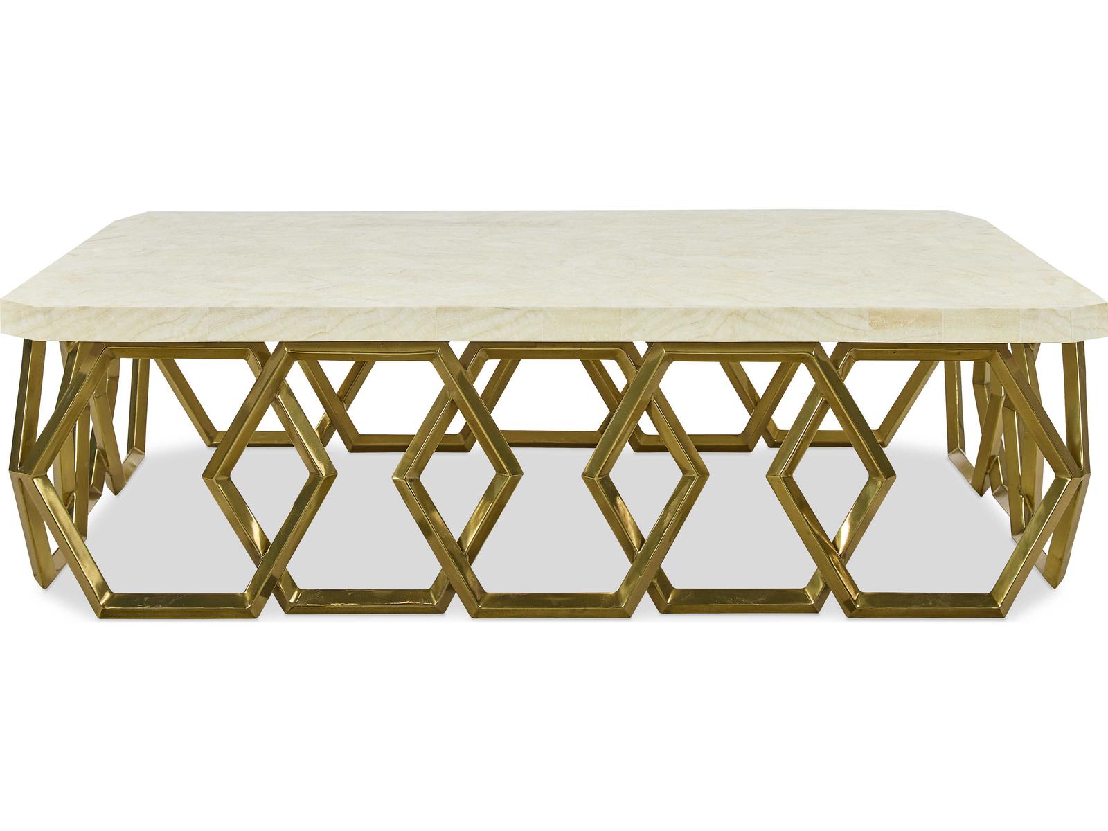 Grand Tour Devon Rectangle Coffee Table with Inlaid Stone Top and Brass Base