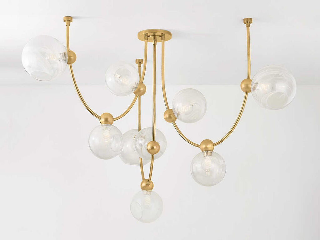 Corbett Lighting 9-Light Astraia Chandelier in Vintage Brass with Remolino Blanco Glass