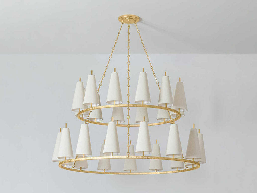 Corbett Lighting 27-Light Tirana Chandelier in Vintage Gold Leaf with Raw Silk Shades