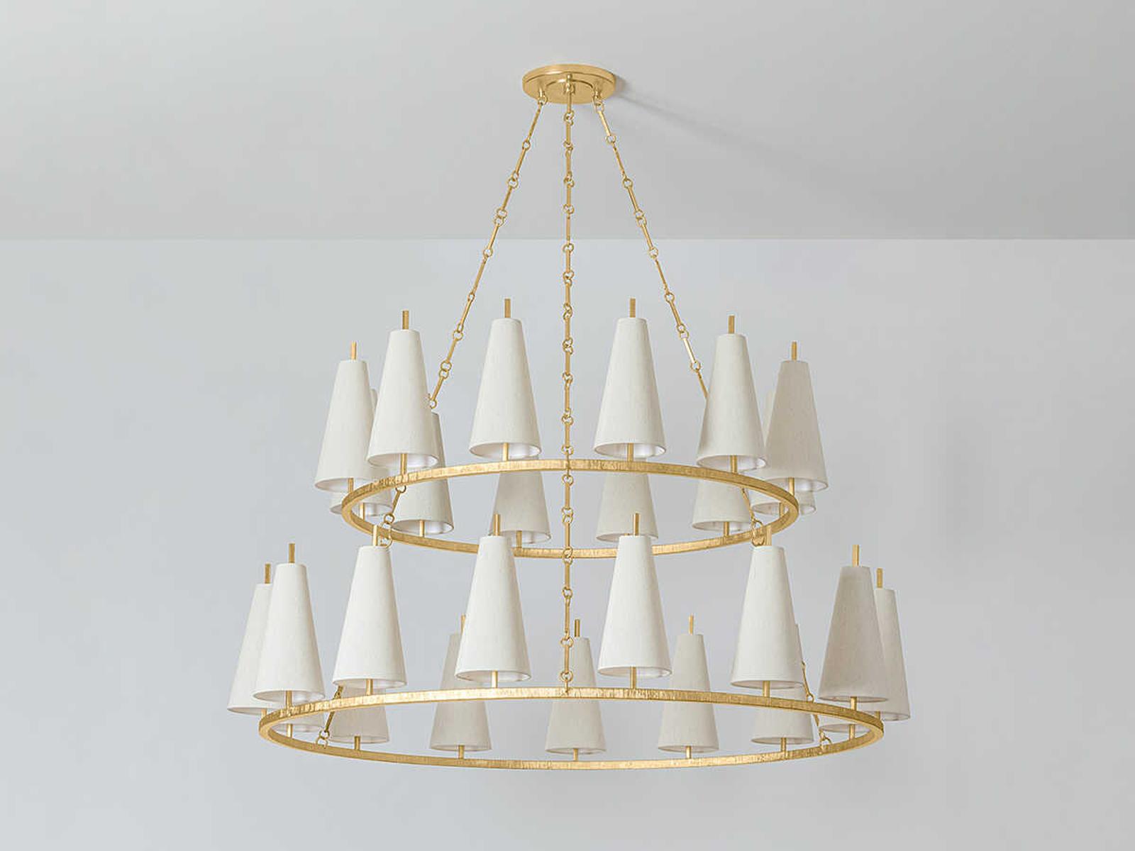 Corbett Lighting 27-Light Tirana Chandelier in Vintage Gold Leaf with Raw Silk Shades