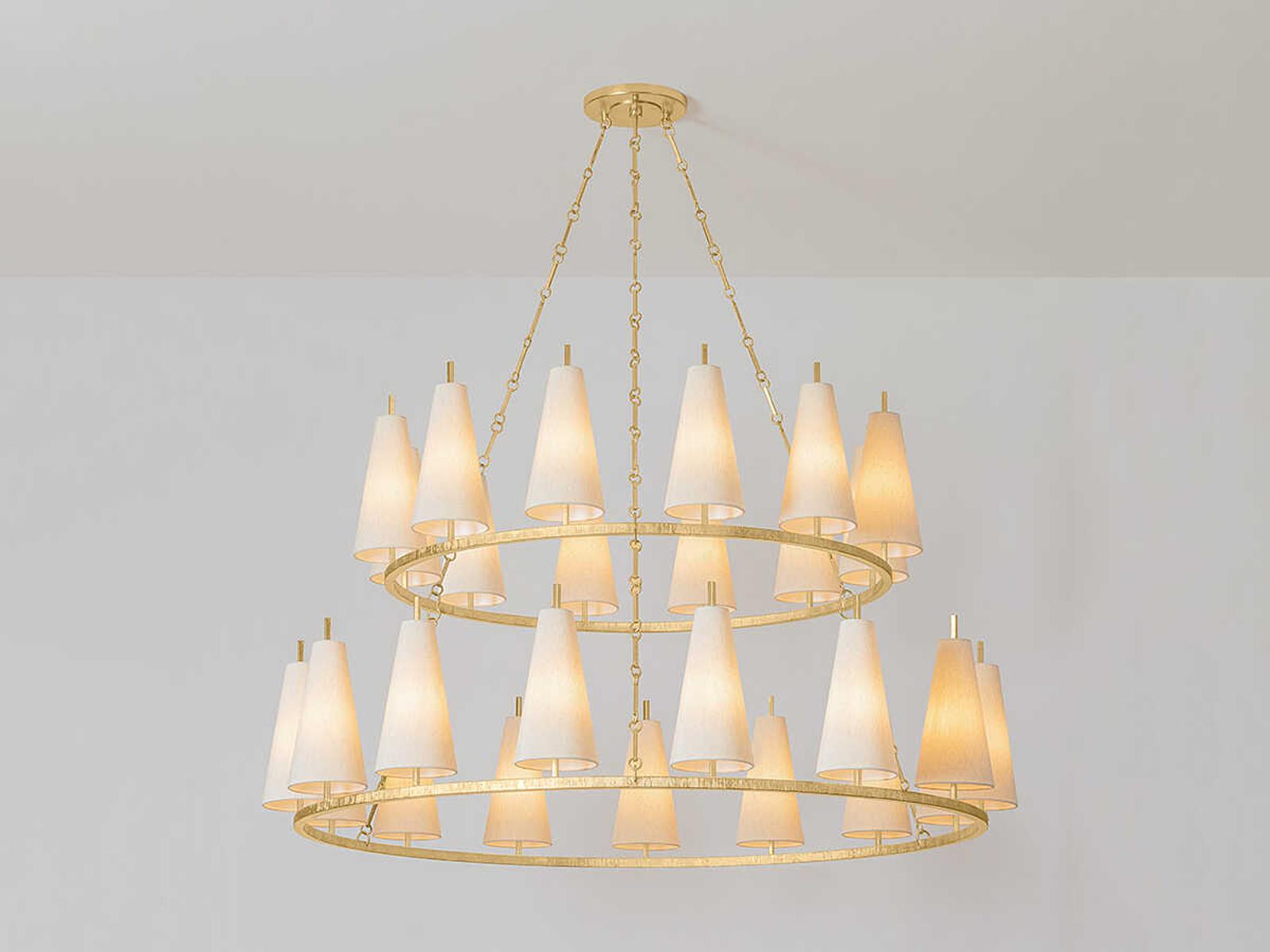 Corbett Lighting 27-Light Tirana Chandelier in Vintage Gold Leaf with Raw Silk Shades