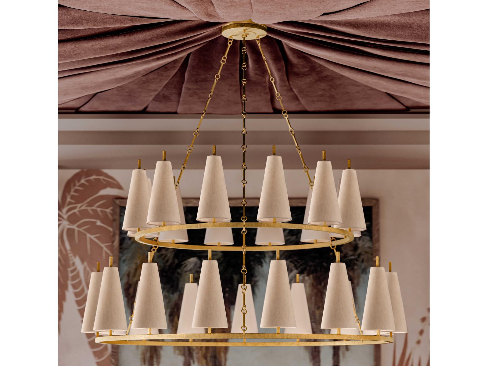 Corbett Lighting 27-Light Tirana Chandelier in Vintage Gold Leaf with Raw Silk Shades
