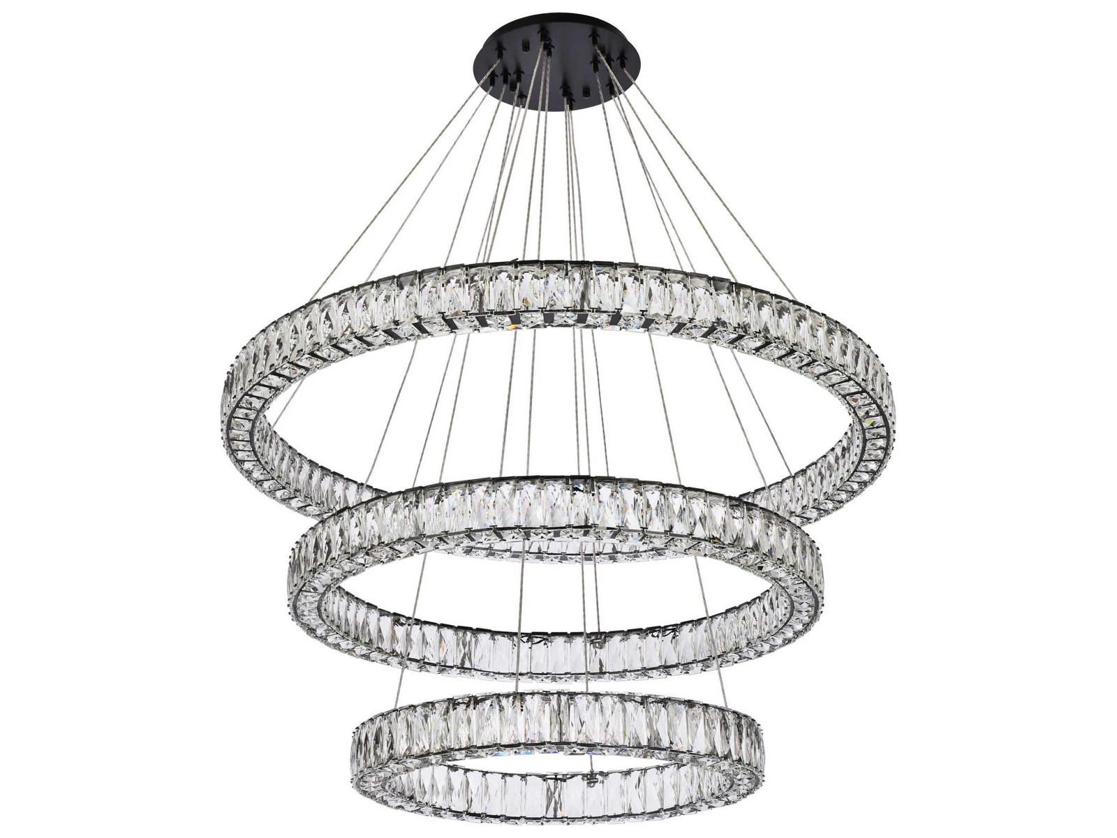 Elegant Lighting Monroe 3-Light Black Crystal LED Drum Tiered Chandelier