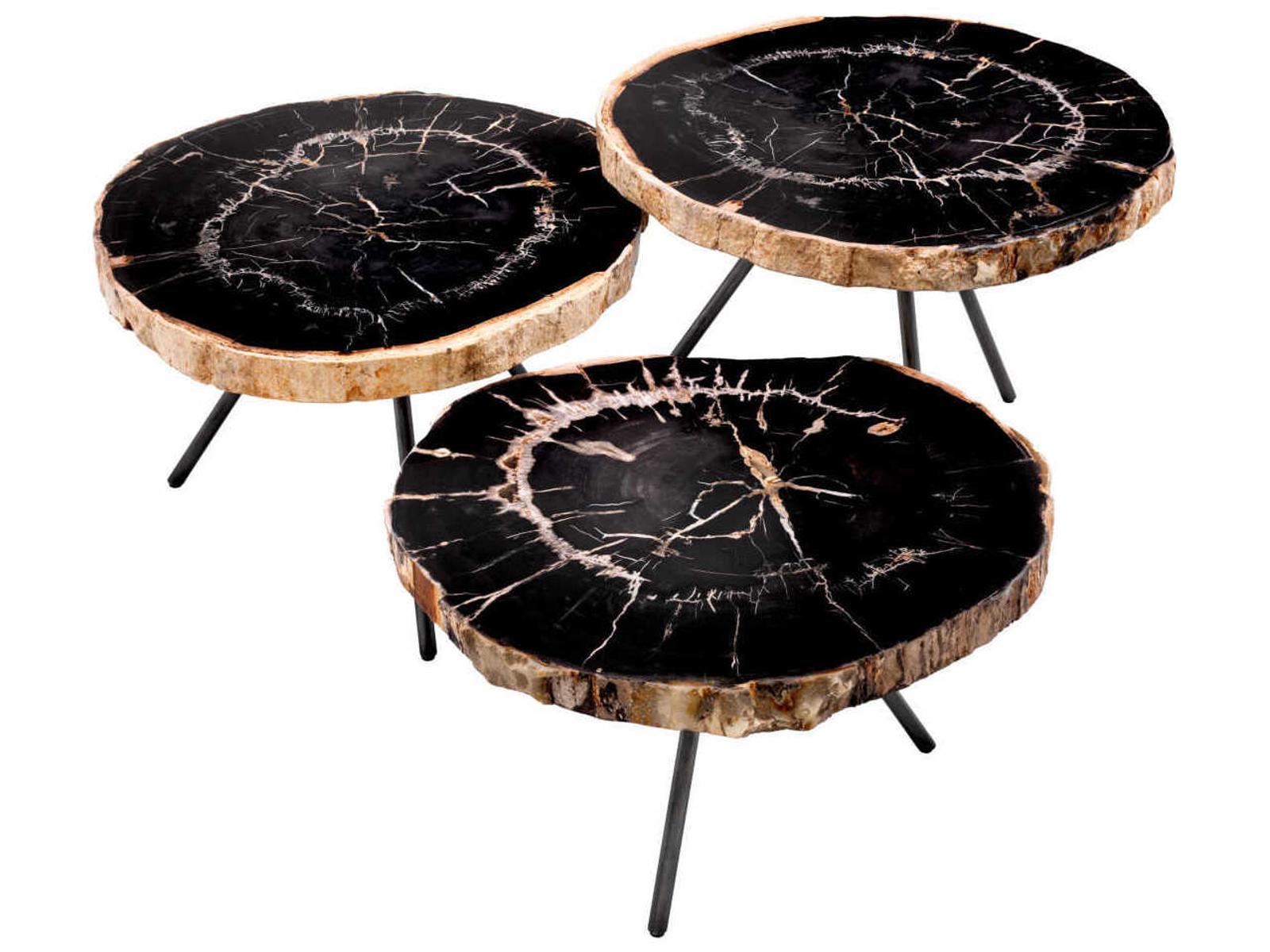 De Soto Dark Range Petrified Wood Set of 3 Coffee Table with Bronze Finish Legs