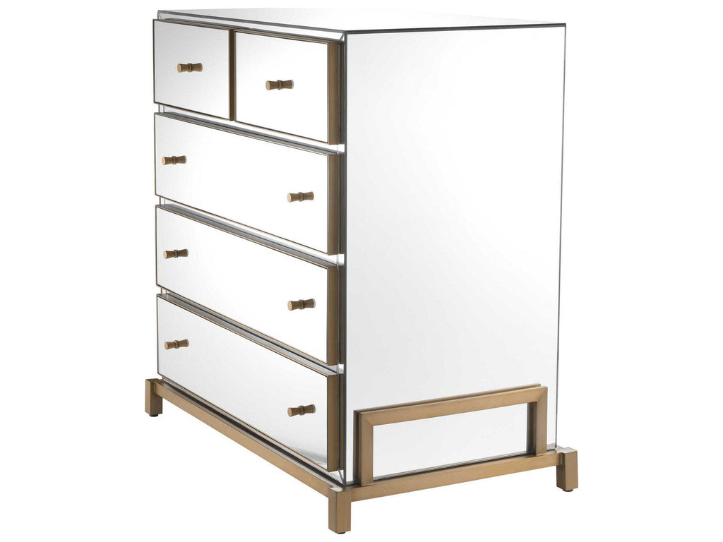 Clarington 5-Drawer Mirrored Chest with Brushed Brass Accents