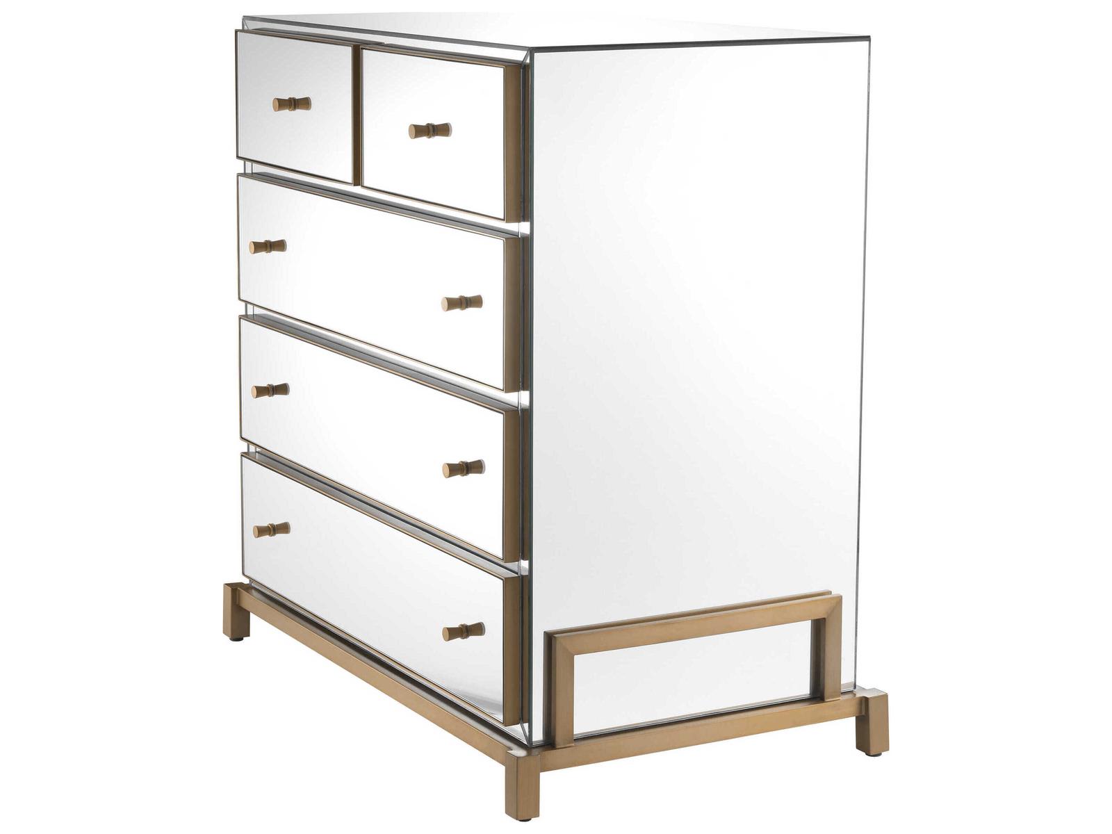 Clarington 5-Drawer Mirrored Chest with Brushed Brass Accents