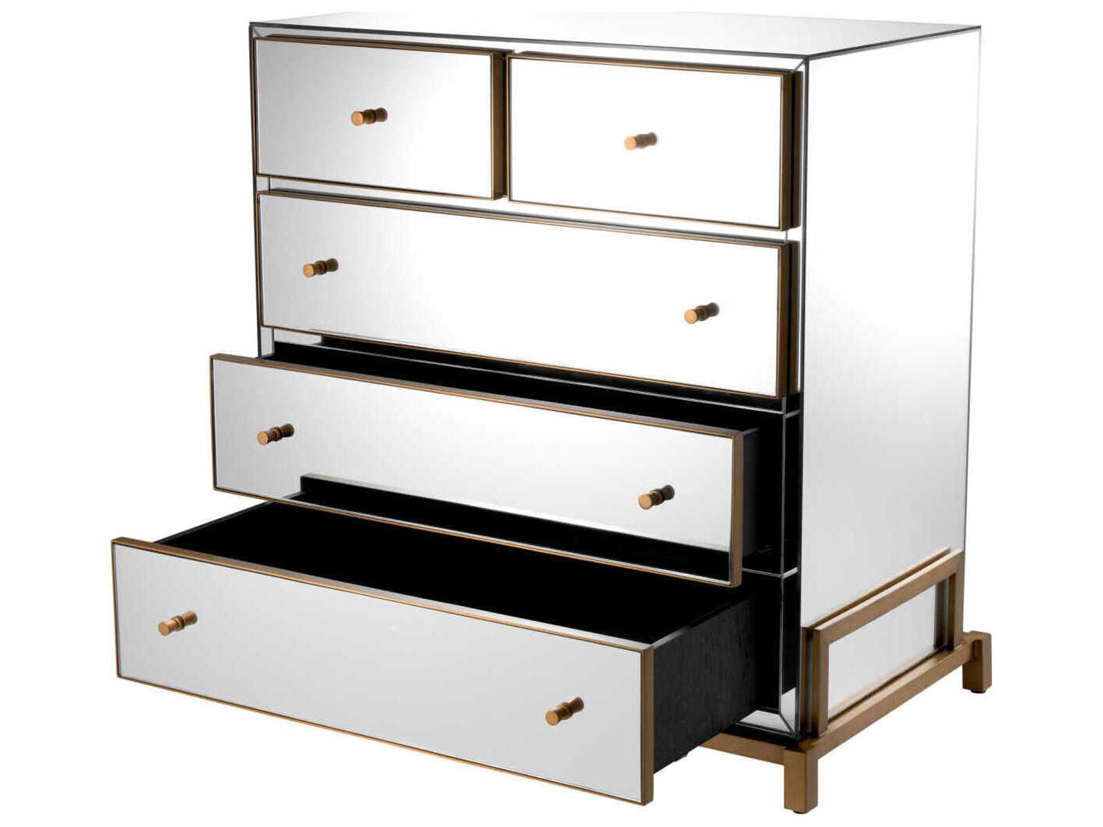 Clarington 5-Drawer Mirrored Chest with Brushed Brass Accents