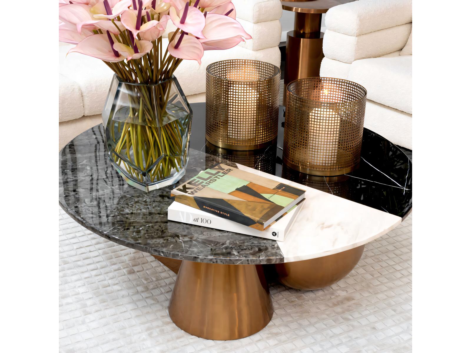 Tricolori Round Coffee Table with Brushed Copper Base and Faux Marble Top