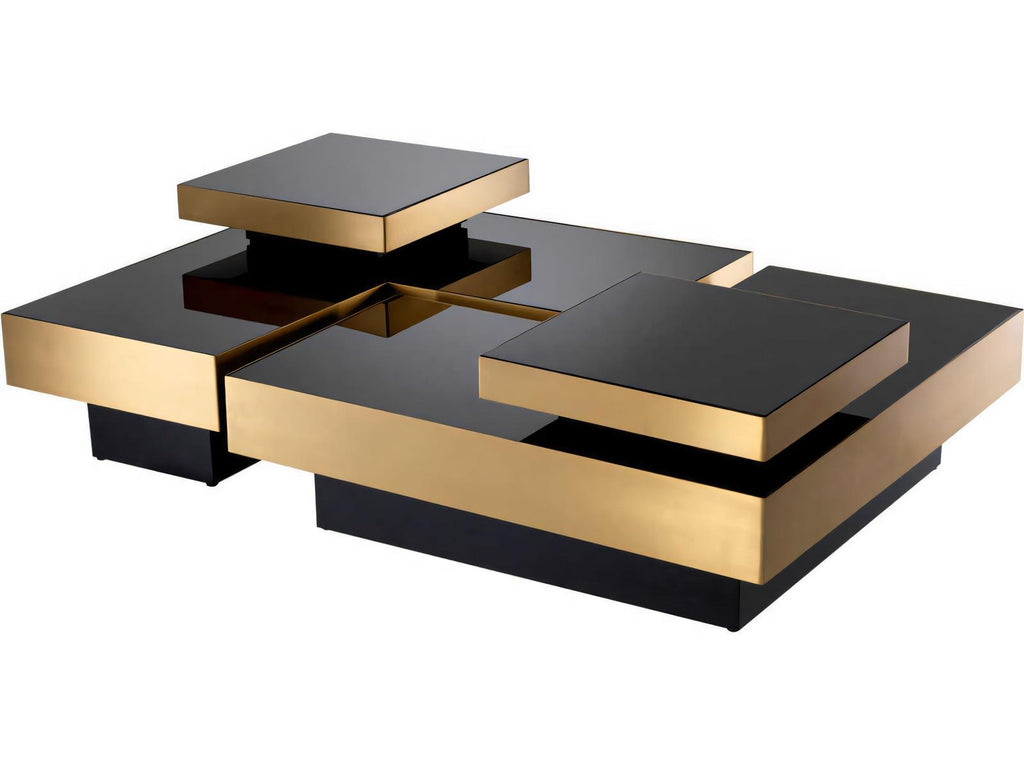 Nio Set of 4 Coffee Tables with Black Glass and Brushed Brass Finish
