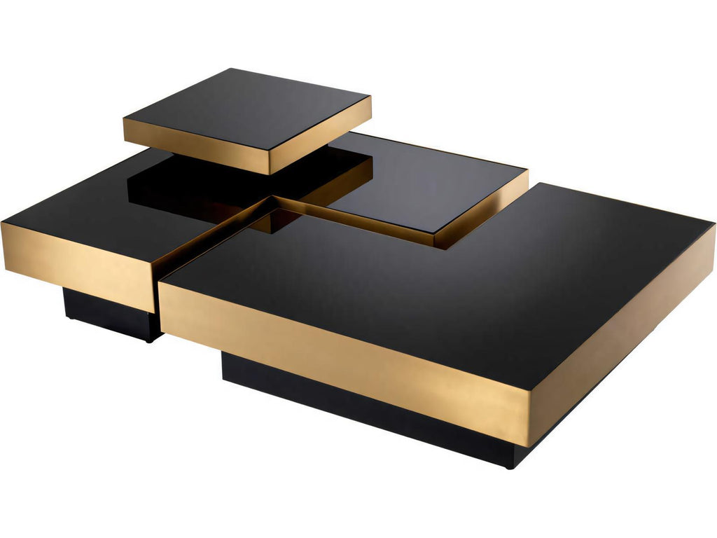 Nio Set of 4 Coffee Tables with Black Glass and Brushed Brass Finish