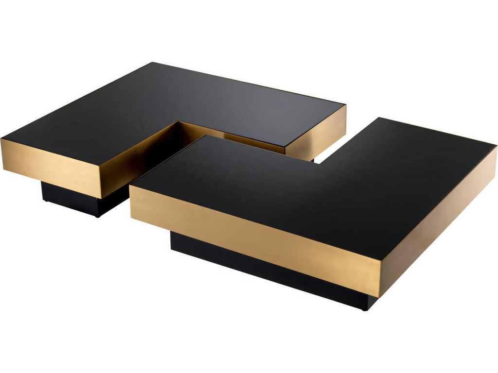 Nio Set of 4 Coffee Tables with Black Glass and Brushed Brass Finish