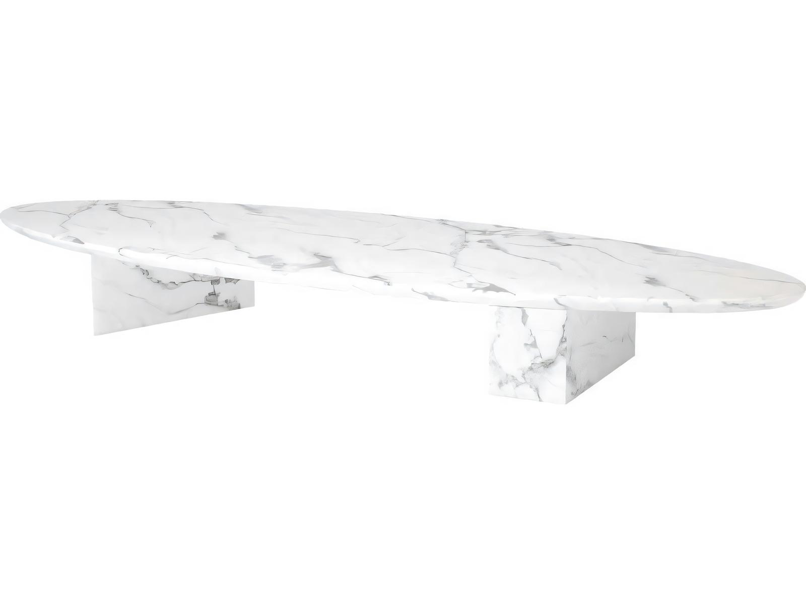 Aurore Oval Coffee Table White Faux Marble with Block Legs