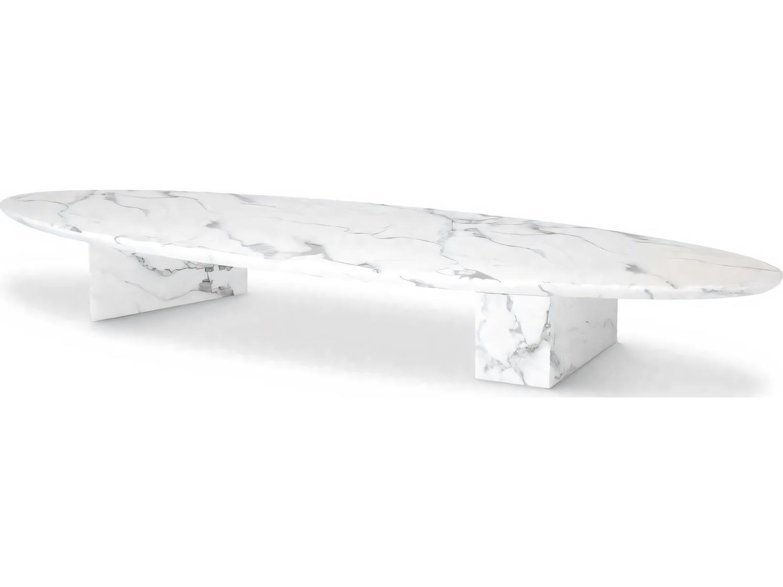 Aurore Oval Coffee Table White Faux Marble with Block Legs