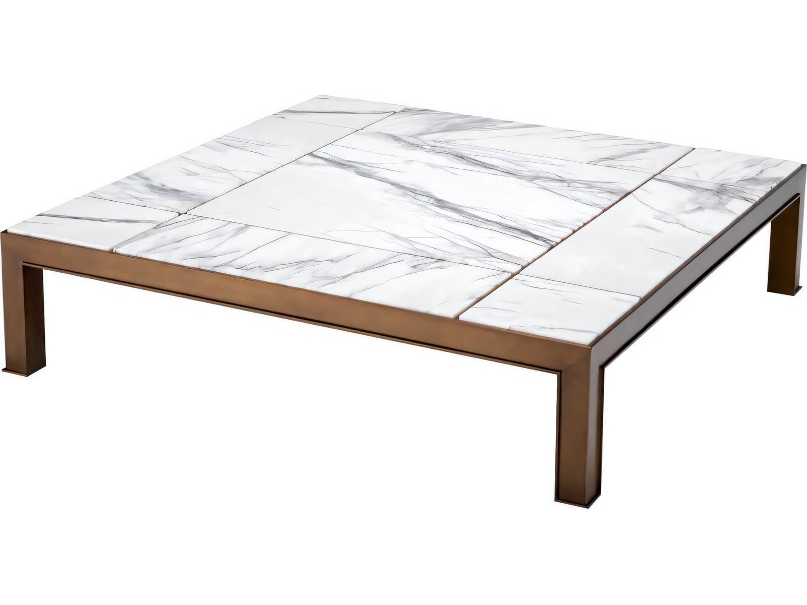 Tardieu Square Coffee Table in Medium Bronze Finish with Bianco Lilla Marble