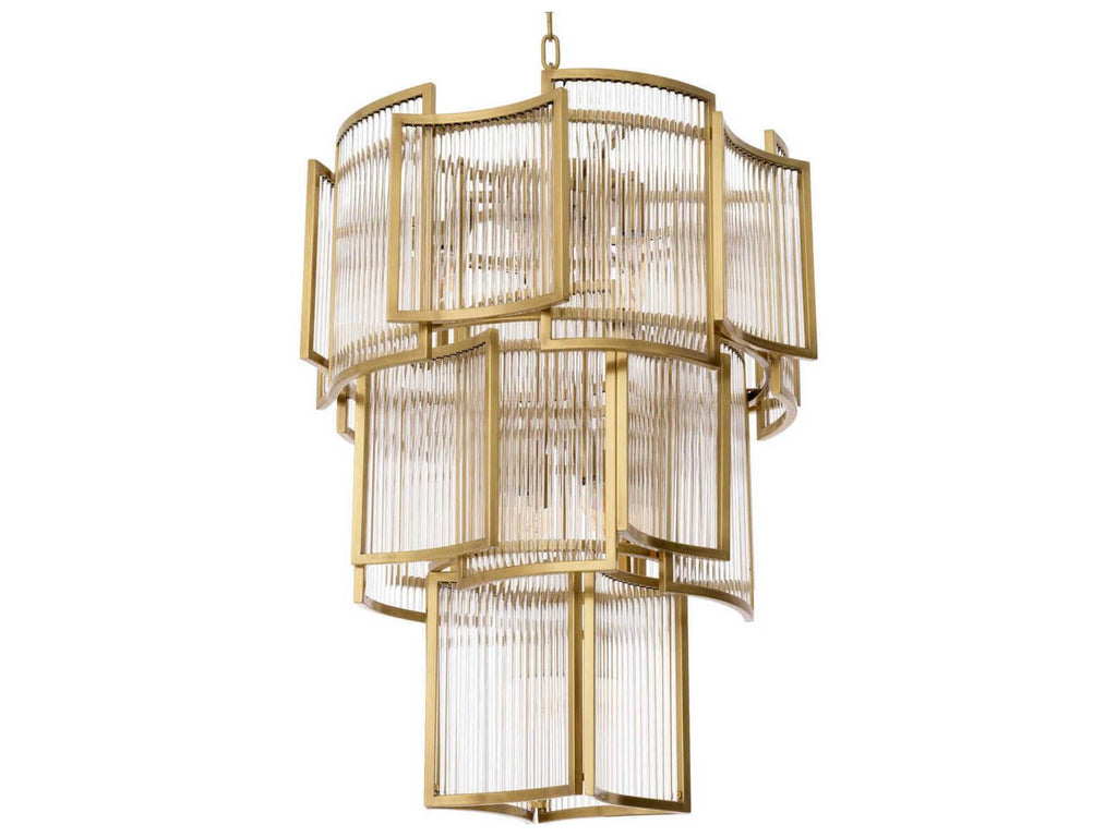 Eichholtz Jet Set 10-Light Art Deco Chandelier in Antique Brass with Clear Glass