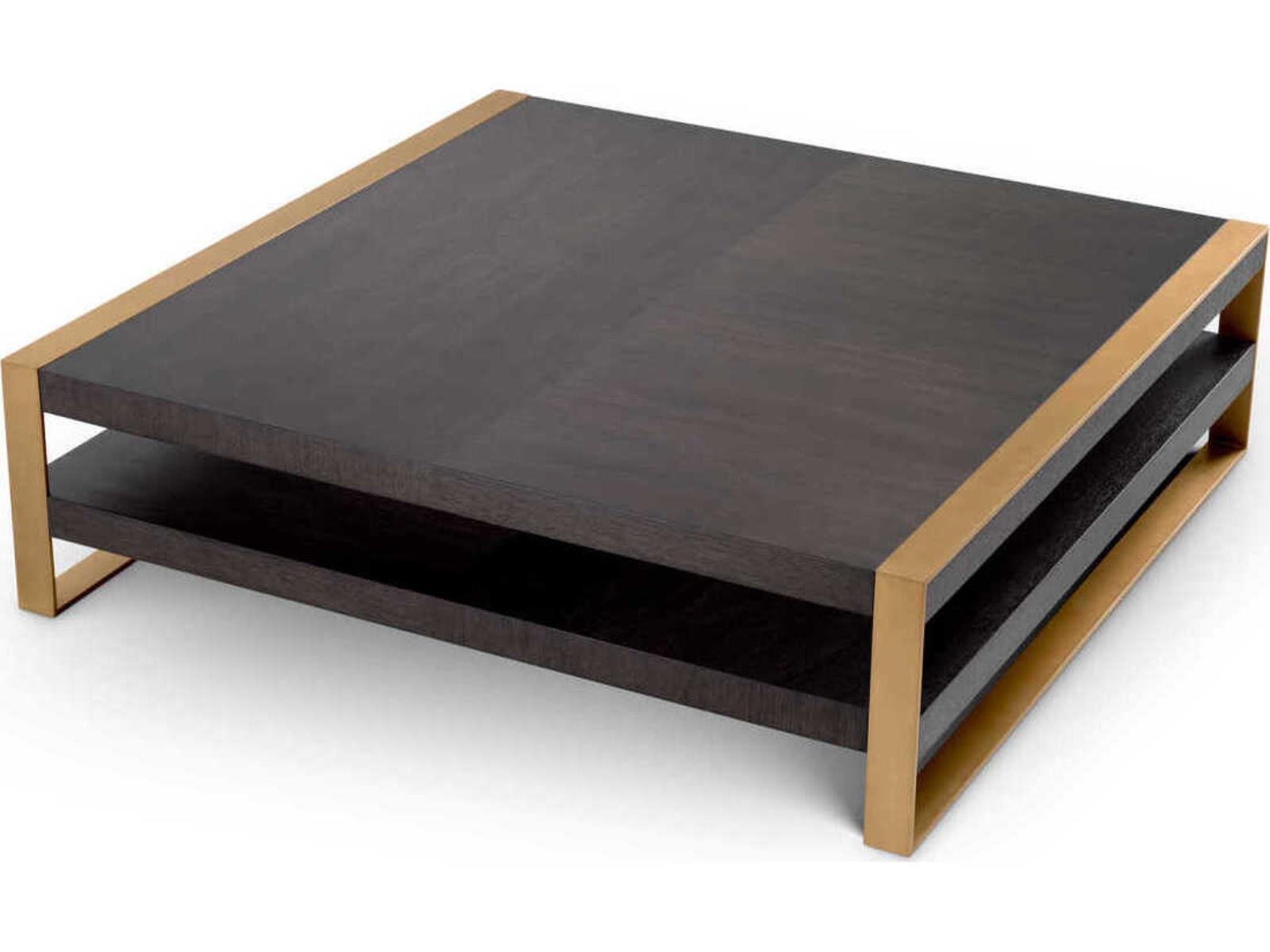 Guinness 59-Inch Square Coffee Table in Mocha Oak Veneer and Brushed Brass