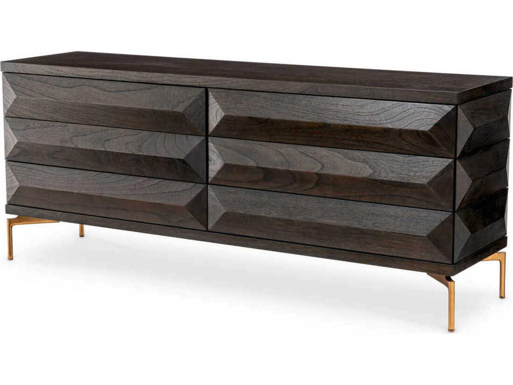 Denver 6-Drawer Dresser in Mocha Oak Veneer with Brushed Brass Legs