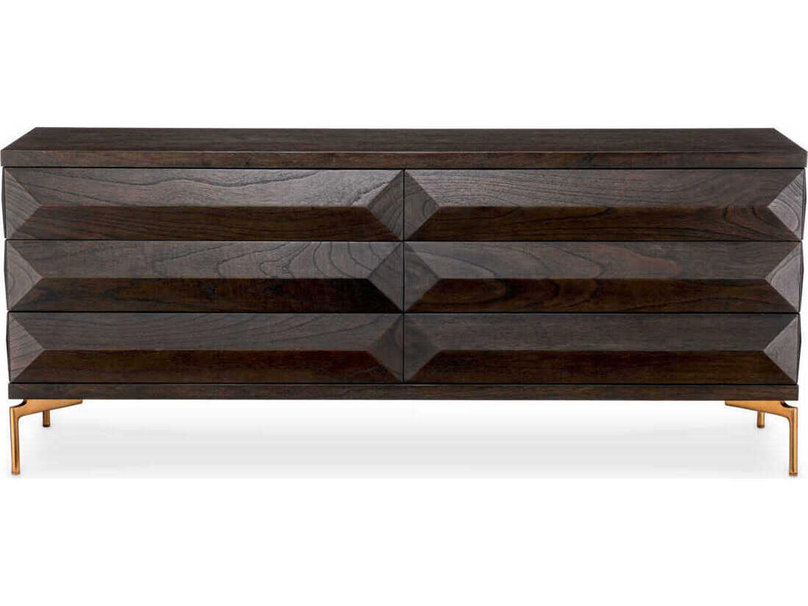 Denver 6-Drawer Dresser in Mocha Oak Veneer with Brushed Brass Legs