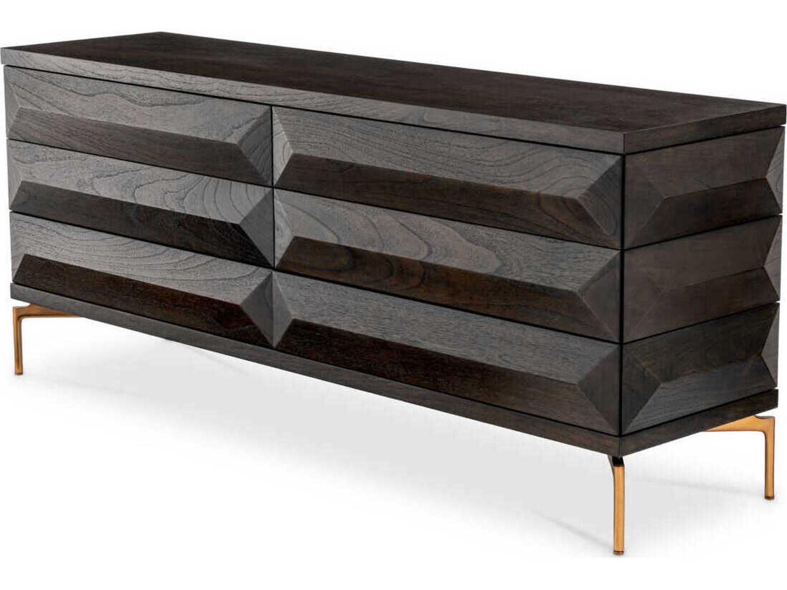 Denver 6-Drawer Dresser in Mocha Oak Veneer with Brushed Brass Legs
