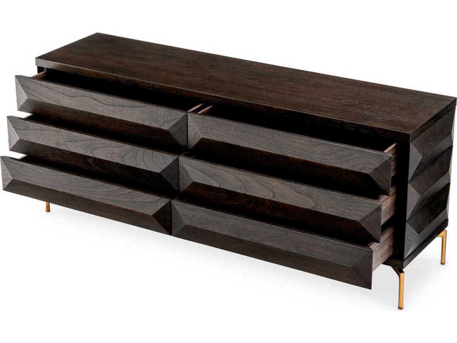 Denver 6-Drawer Dresser in Mocha Oak Veneer with Brushed Brass Legs