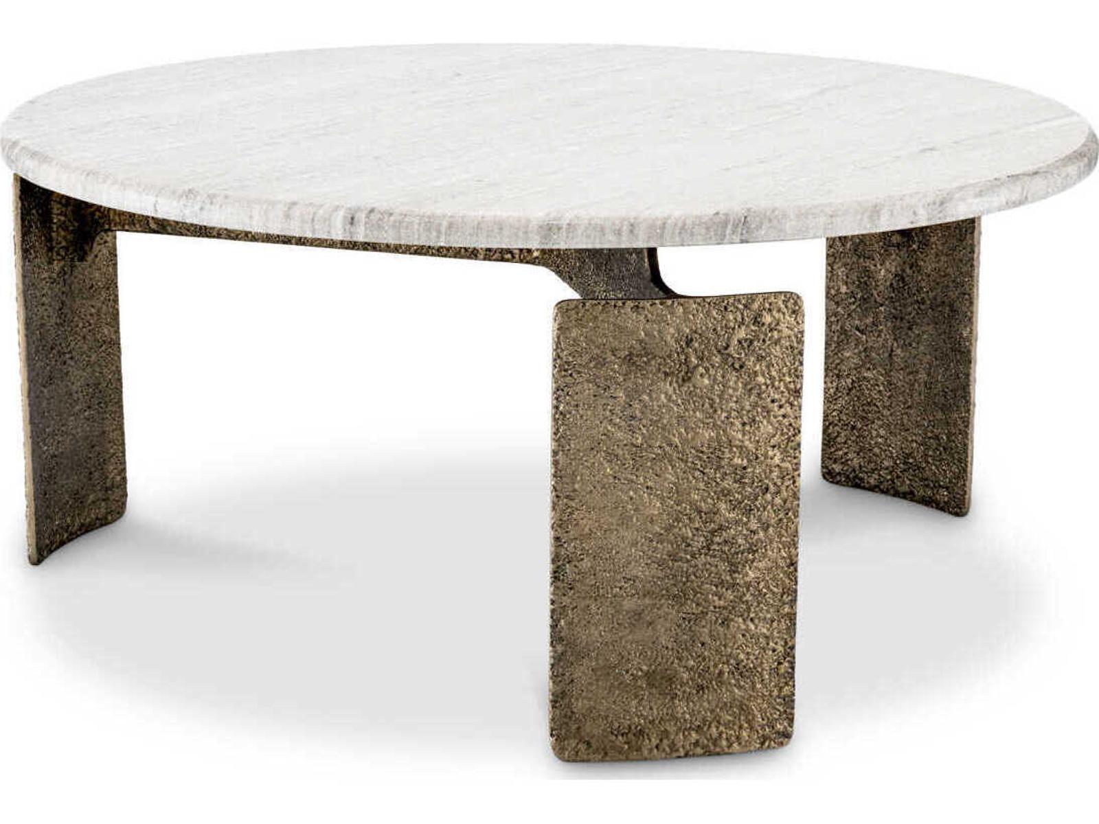 Bodega Round Coffee Table with Beige Marble Top and Antique Brass Finish