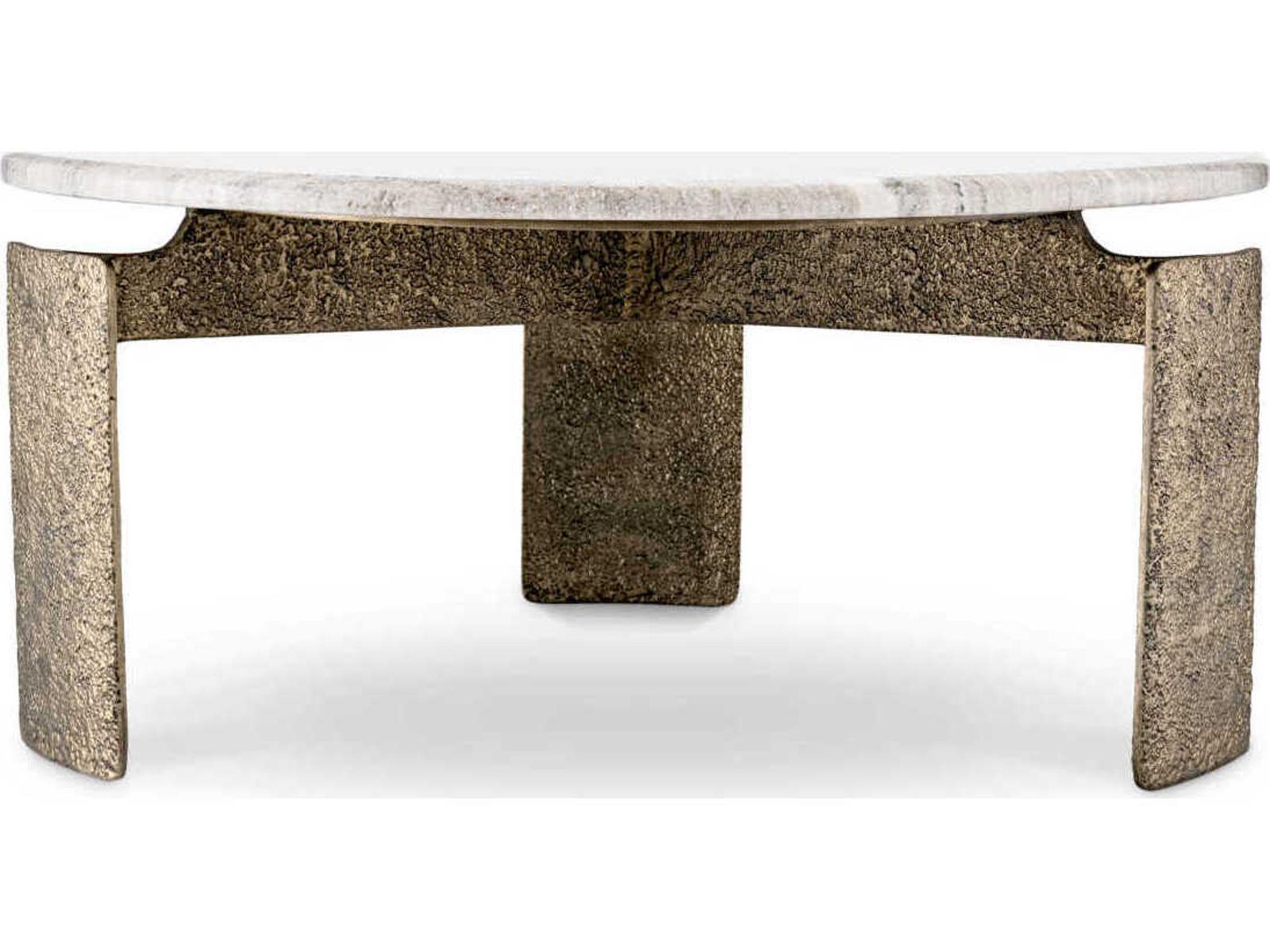 Bodega Round Coffee Table with Beige Marble Top and Antique Brass Finish
