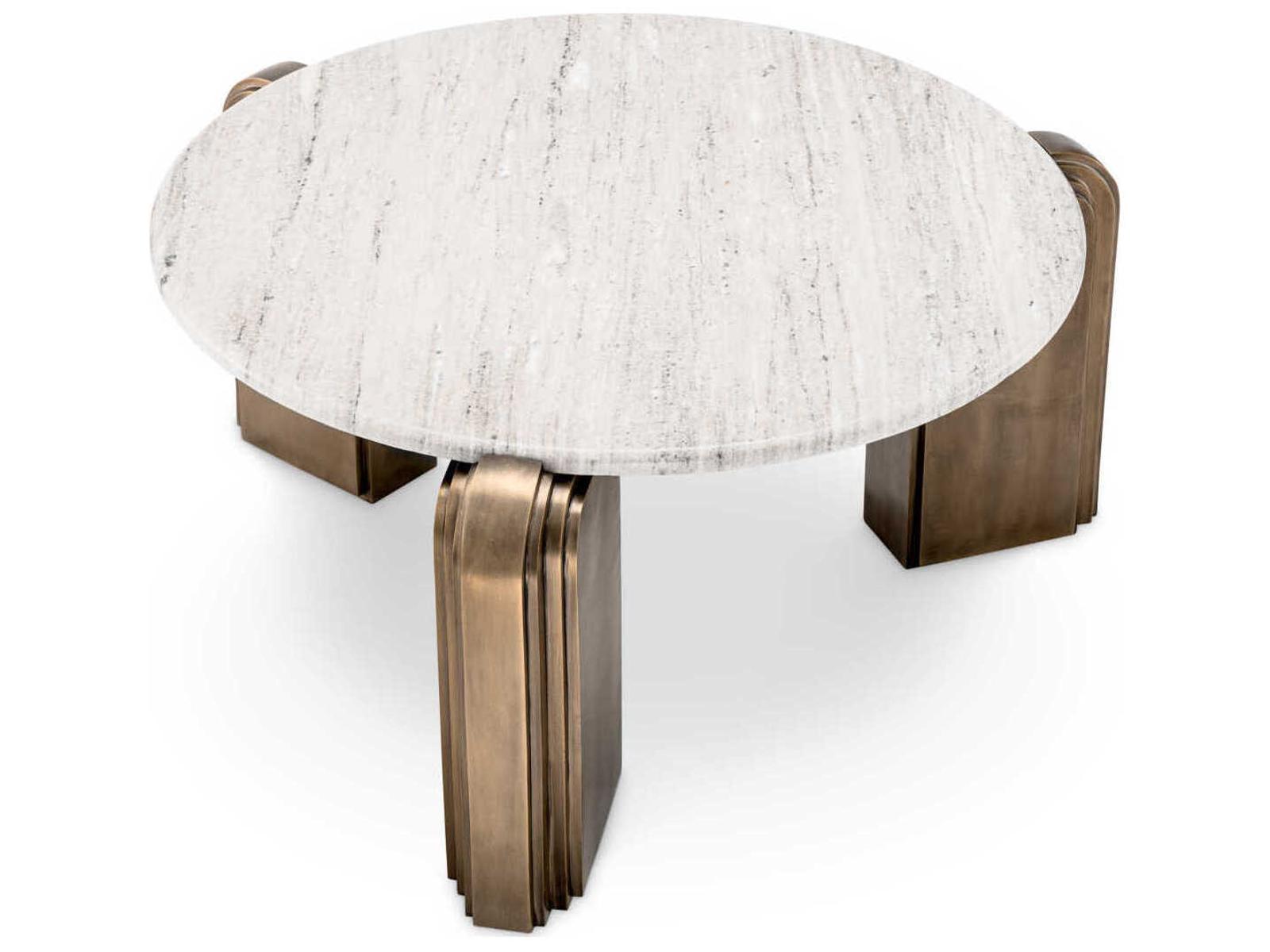 Albion Round Coffee Table in Antique Brass with Beige Marble Top