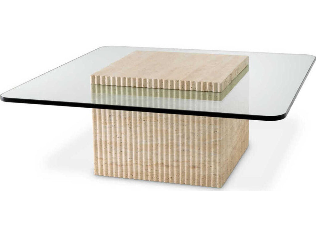 Brindisi Square Travertine Coffee Table with Clear Glass Top