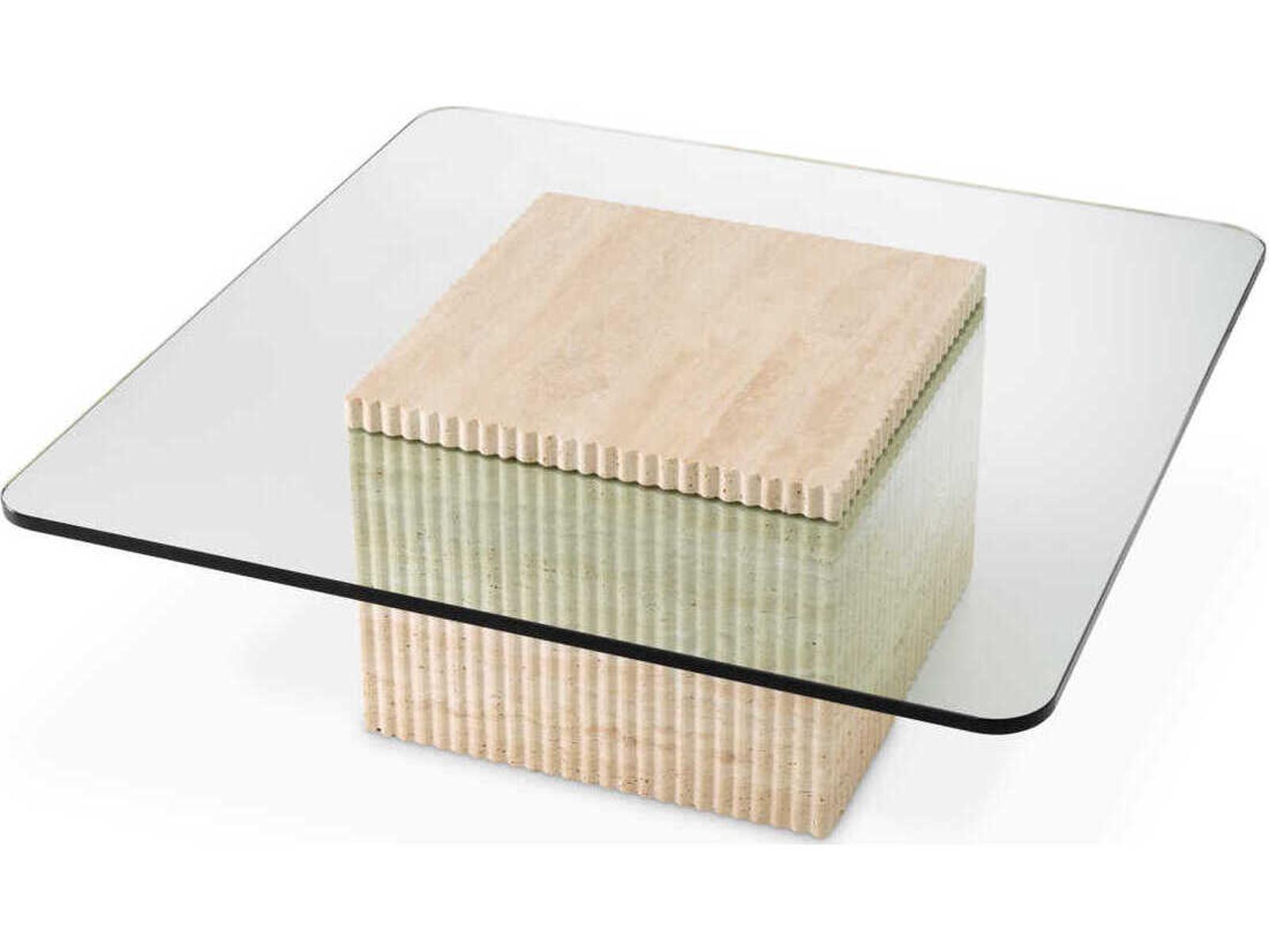 Brindisi Square Travertine Coffee Table with Clear Glass Top