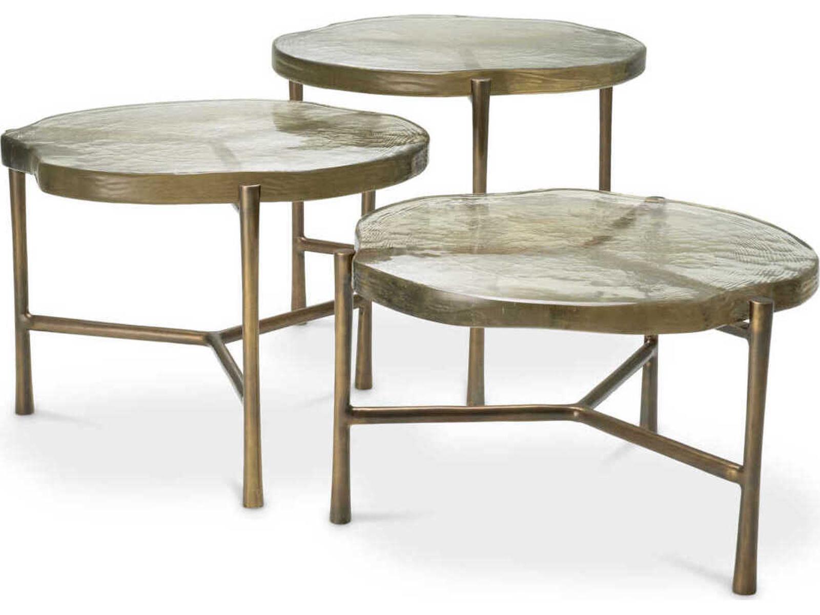 Baldovini Set of 3 Round Coffee Tables in Vintage Brass and Handmade Glass