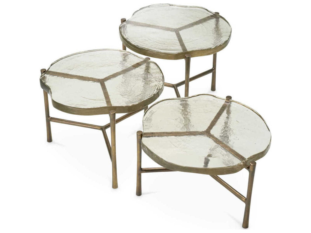 Baldovini Set of 3 Round Coffee Tables in Vintage Brass and Handmade Glass