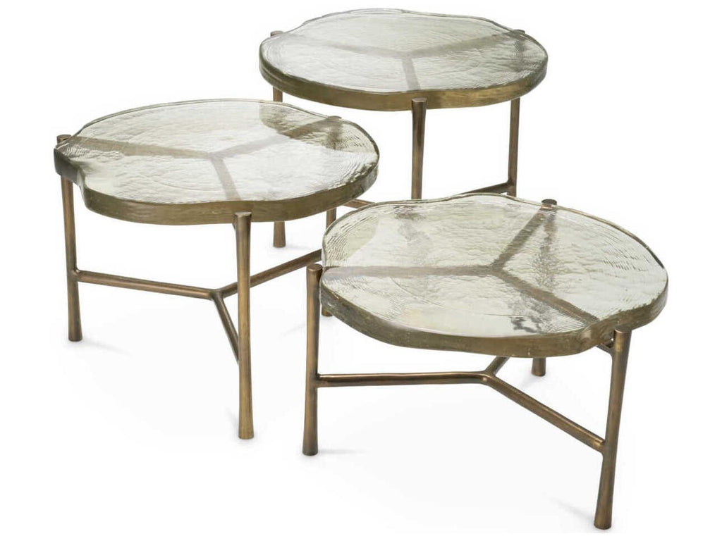 Baldovini Set of 3 Round Coffee Tables in Vintage Brass and Handmade Glass