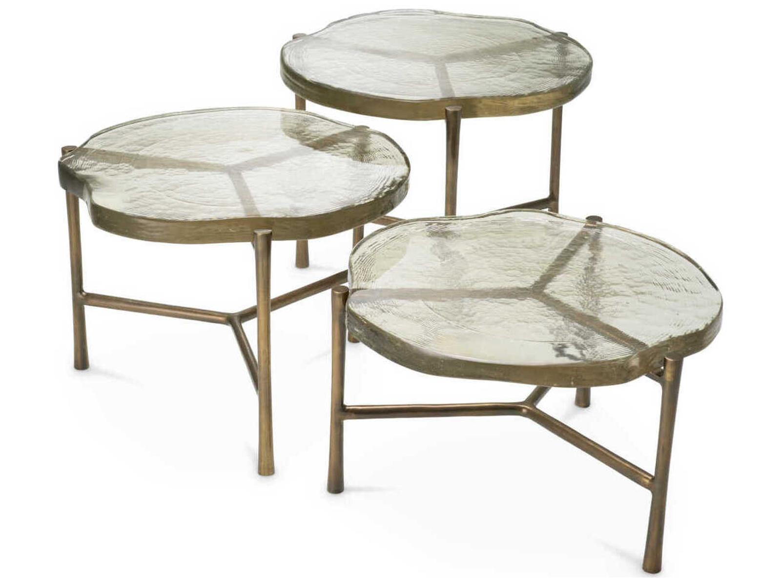 Baldovini Set of 3 Round Coffee Tables in Vintage Brass and Handmade Glass