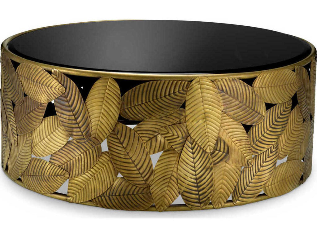 Botanico Round Coffee Table in Vintage Brass and Black Beveled Glass